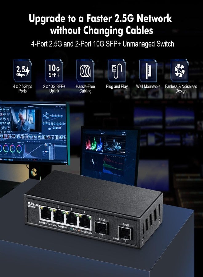 mokerlink Ethernet Switch 4 Ports 2.5G with 2x10G SFP, 4 Ports 2.5G Base-T Compatible with 10/100/1000Mbps, Unmanaged Metal Fanless Network Switch - Image 2
