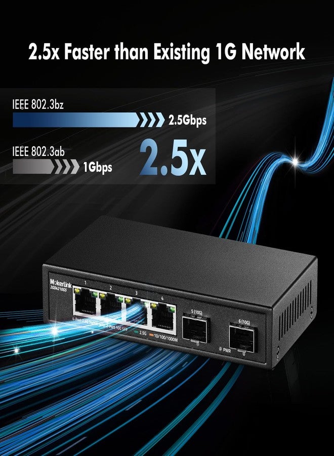 mokerlink Ethernet Switch 4 Ports 2.5G with 2x10G SFP, 4 Ports 2.5G Base-T Compatible with 10/100/1000Mbps, Unmanaged Metal Fanless Network Switch - Image 3
