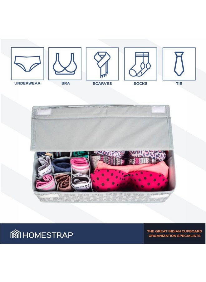 هومستراب - منظم الملابس الداخلية من HomeStrap للنساء، 12+1 مقصورة، صندوق تخزين مطبوع غير قابل للطي ومضاد للرائحة للملابس الداخلية | أدوات داخلية للصدرية والجوارب والربطات والأوشحة (رمادي) (مميز في Shark Tank) (غير منسوج) - Image 1