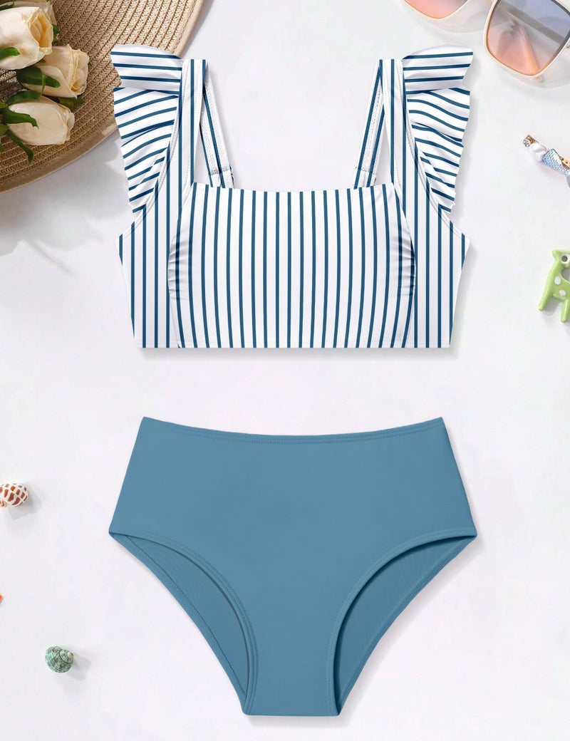 ZAANTI Bathing Suits for Girls 10-12 Square Neck Design Breathable Chest Pad Swimsuits for Teen Girls Adjustable Shoulder Straps 2 Piece Swimsuit for Teens Stripe+Blue Swimsuit Shorts - Image 5