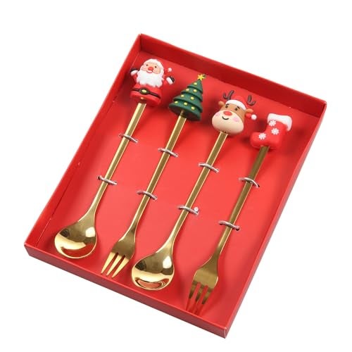 GuoGuo Wu 4Pack Stainless Steel Christmas Coffee Spoon and Xmas Dinner Forks Set -Dessert Fruit Ice Cream Iced Tea Spoon, Cake Forks - Gifts for Christmas Party Supply - Image 1