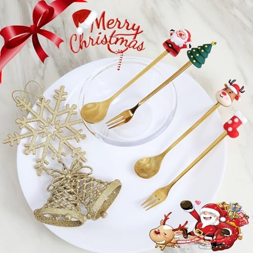 GuoGuo Wu 4Pack Stainless Steel Christmas Coffee Spoon and Xmas Dinner Forks Set -Dessert Fruit Ice Cream Iced Tea Spoon, Cake Forks - Gifts for Christmas Party Supply - Image 3