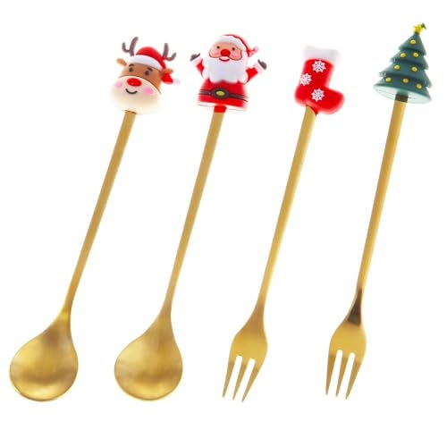 GuoGuo Wu 4Pack Stainless Steel Christmas Coffee Spoon and Xmas Dinner Forks Set -Dessert Fruit Ice Cream Iced Tea Spoon, Cake Forks - Gifts for Christmas Party Supply - Image 5