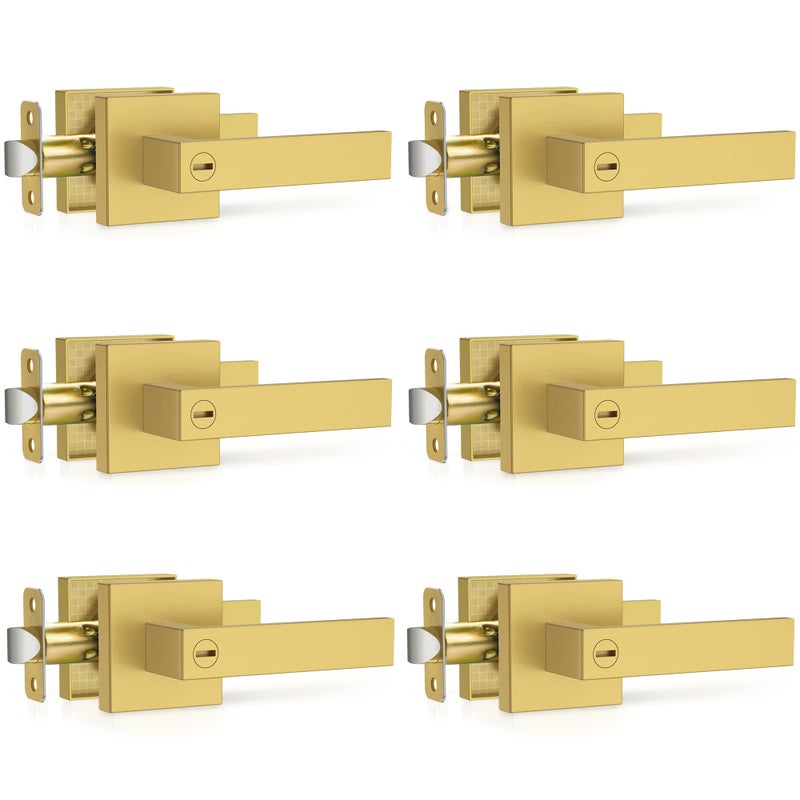 Plustool 6 Pack Brushed Gold Door Handles, Interior Door Knob Heavy Duty, Flat Square Privacy Door Locks, Keyless Door Leverset for Bedroom and Bathroom - Image 1