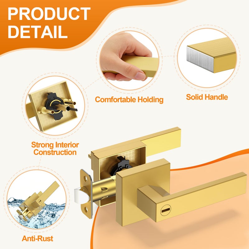 Plustool 6 Pack Brushed Gold Door Handles, Interior Door Knob Heavy Duty, Flat Square Privacy Door Locks, Keyless Door Leverset for Bedroom and Bathroom - Image 2