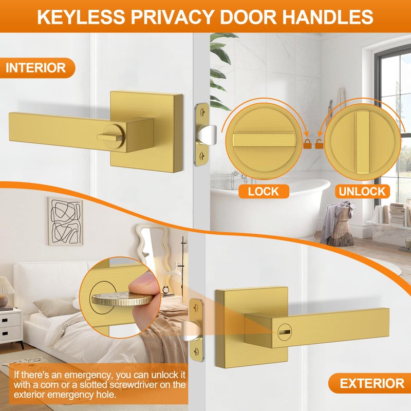 Plustool 6 Pack Brushed Gold Door Handles, Interior Door Knob Heavy Duty, Flat Square Privacy Door Locks, Keyless Door Leverset for Bedroom and Bathroom - Image 3