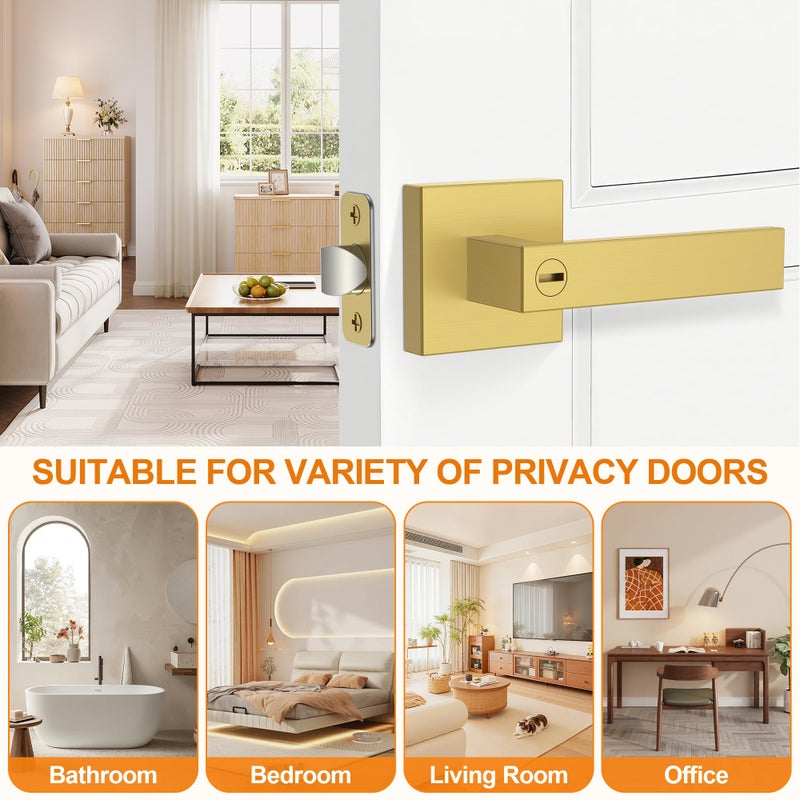 Plustool 6 Pack Brushed Gold Door Handles, Interior Door Knob Heavy Duty, Flat Square Privacy Door Locks, Keyless Door Leverset for Bedroom and Bathroom - Image 5