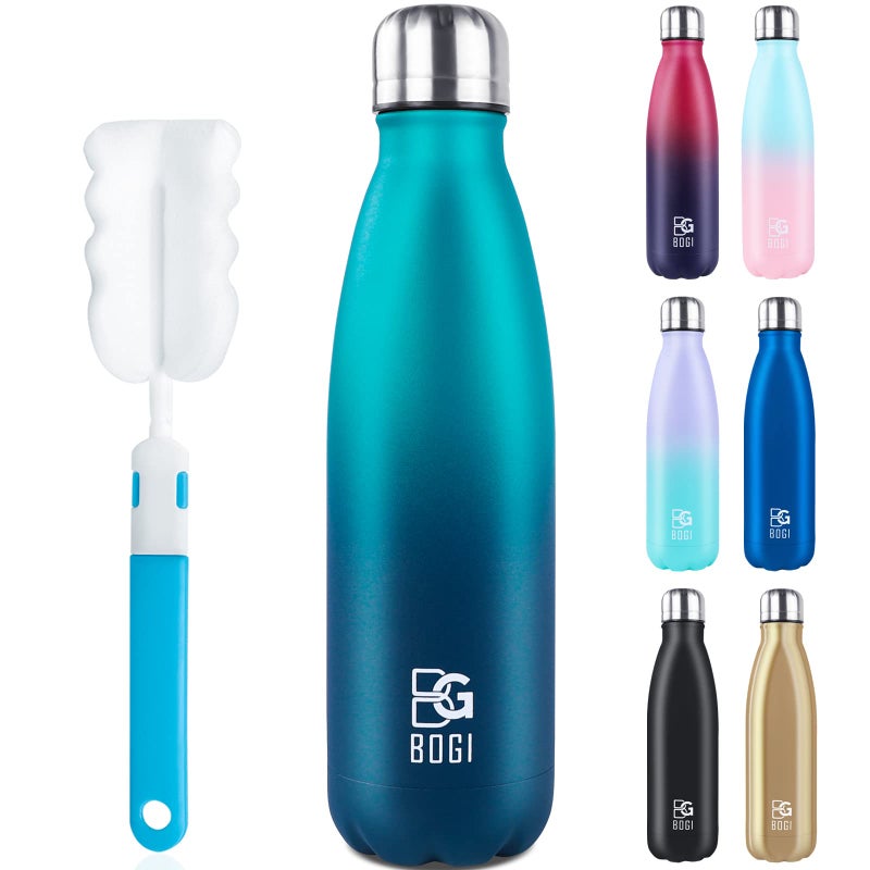 BOGI Insulated Water Bottle 17oz Stainless Steel Water Bottles Leak Proof Sports Metal Water Bottles Keep Cold for 24 Hours and Hot for 12 Hours BPA Free kids water bottle for School Blue DBlue
