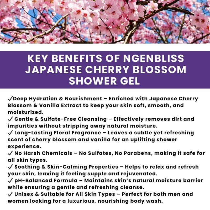 Ngenbliss جل استحمام نجن بليس بزهور الكرز اليابانية | غسول للجسم خالي من الكبريتات والبارابين للنساء والرجال | مرطب ومغذي مع مستخلص زهور الكرز والفانيليا | 250 مل - Image 3