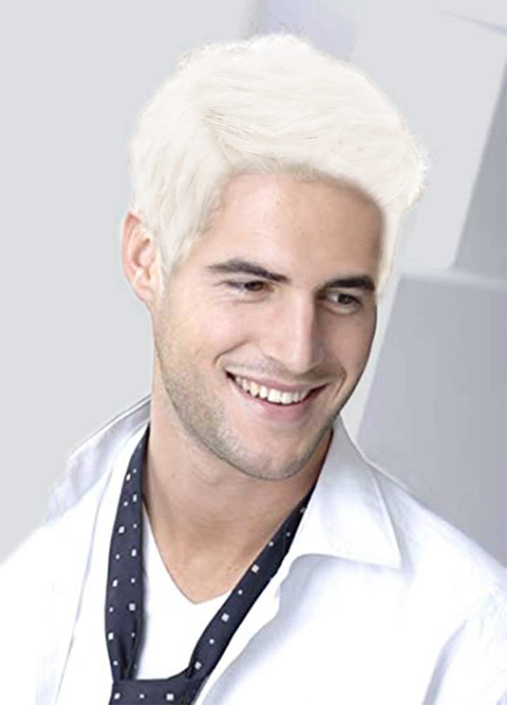 Kaneles Mens White Wig Short Straight Layered Hair Wig Male Guy Replacement WigWhite