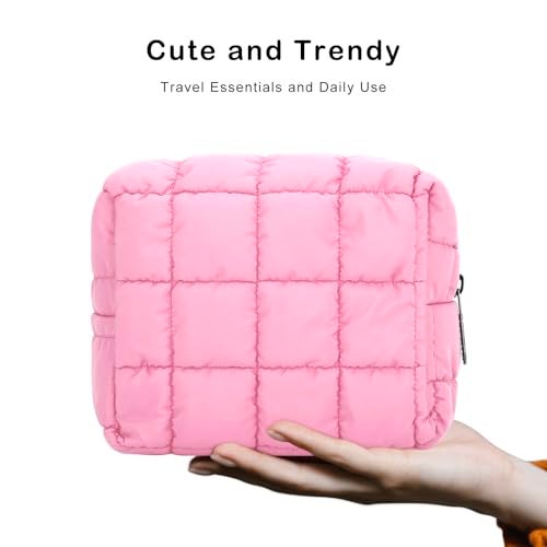 E-Tree Cute Makeup Bag,Quilted Cosmetic Bag for Women,Make up Pouch for Purse,Toiletry Zipper Pouch,Checkered Bag,Travel Case,Storage Pouches for Organization (Pink) - Image 5