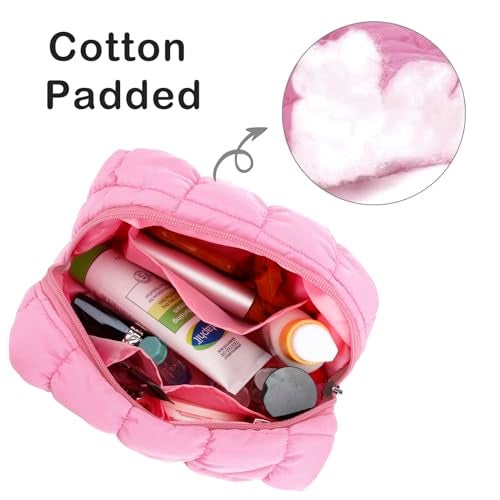 E-Tree Cute Makeup Bag,Quilted Cosmetic Bag for Women,Make up Pouch for Purse,Toiletry Zipper Pouch,Checkered Bag,Travel Case,Storage Pouches for Organization (Pink) - Image 4