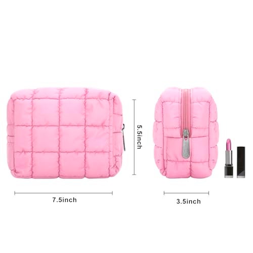 E-Tree Cute Makeup Bag,Quilted Cosmetic Bag for Women,Make up Pouch for Purse,Toiletry Zipper Pouch,Checkered Bag,Travel Case,Storage Pouches for Organization (Pink) - Image 3