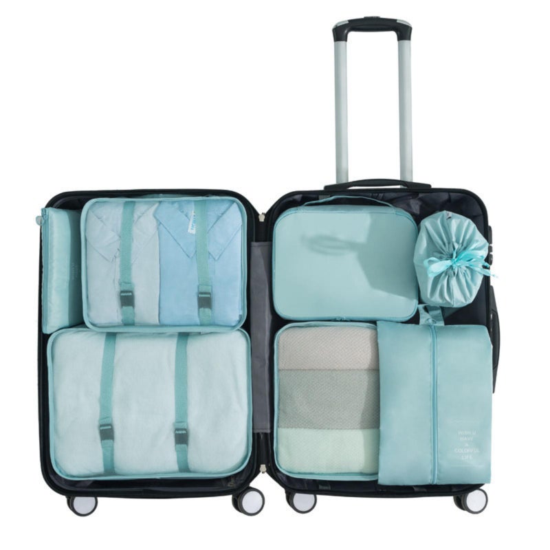 Travel Luggage Organizers 7 Pcs Blue: Waterproof Oxford Fabric Compression Packing Cubes - 30% Extra Space, Double Zippers, Mesh Top for Short Or Long Trips, Business Travel, Carry-On Bags & Drawers - Image 1