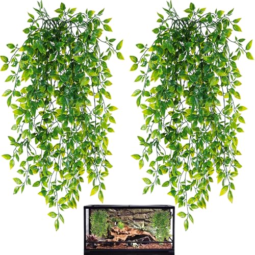 HERCOCCI Reptile Plants, 2 Pack Terrarium Hanging Plants Vines Artificial Leaves Habitat Decorations with Suction Cup for Bearded Dragon Hermit Crab Lizard Snake Geckos Chameleon - Image 1