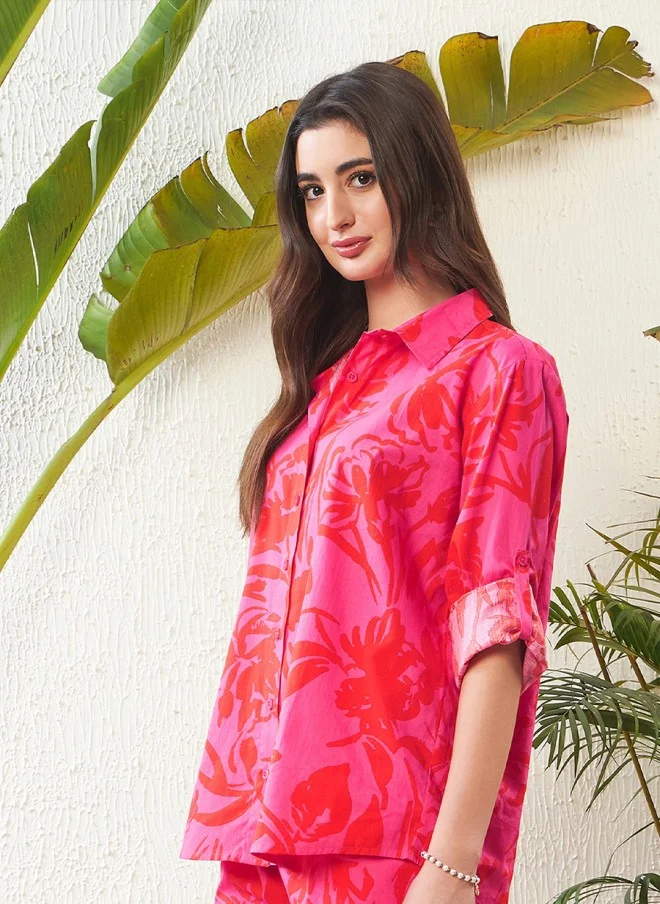SASSAFRAS Magenta Floral Printed Casual Shirt for Women