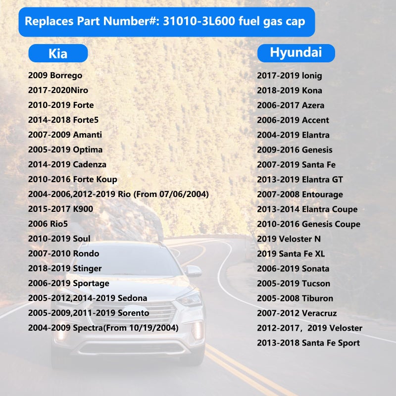 keriolee Model 31010-3L600, 310103L600 Gas Cap, Fuel Cap Replace is suitable for Hyundai Motor-Accent, Azera Elantra, Elantra GT, Entourage, Equus, Genesis, Genesis Coupe, Santa Fe, Sonata, Tucson, Veloster. - Image 2