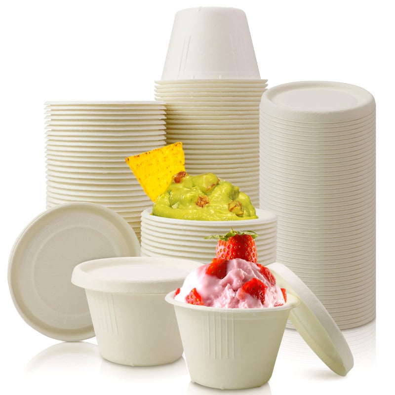 Vmiapxo 100 Pack 4oz Disposable Paper Cups with Lids, Small Ice Cream Cups, 4 Ounce Natural Bagasse Fiber Recycleable Paper Bowls for Portion Condiments, Sauce, Souffle - Image 1