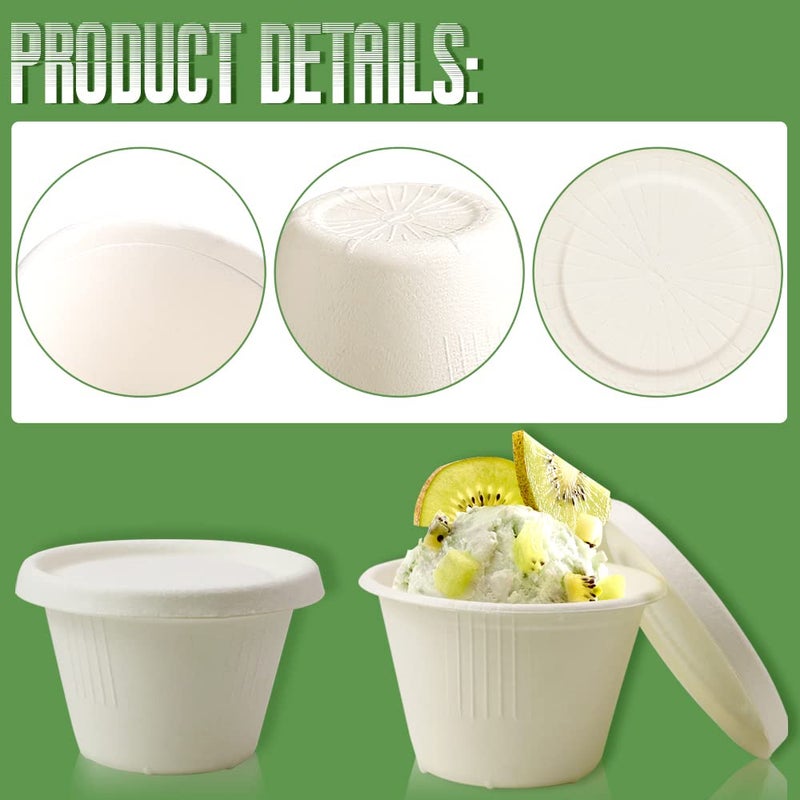 Vmiapxo 100 Pack 4oz Disposable Paper Cups with Lids, Small Ice Cream Cups, 4 Ounce Natural Bagasse Fiber Recycleable Paper Bowls for Portion Condiments, Sauce, Souffle - Image 3