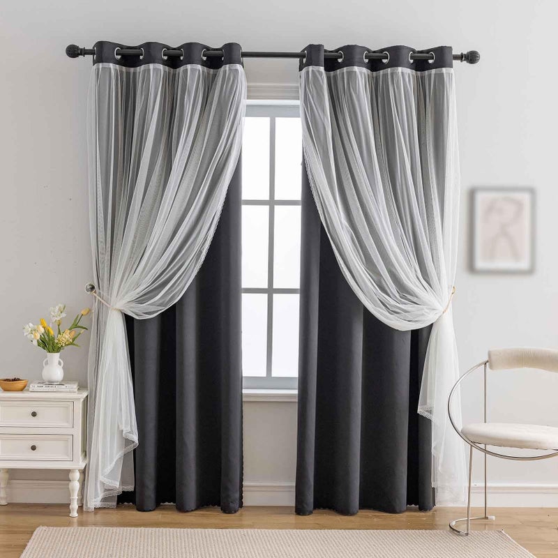 indistar Home Blackout Curtains Double Layer Solid Sheer Grommet Top Window Curtain Panel Pair, 52Wx63L,Black - Image 1
