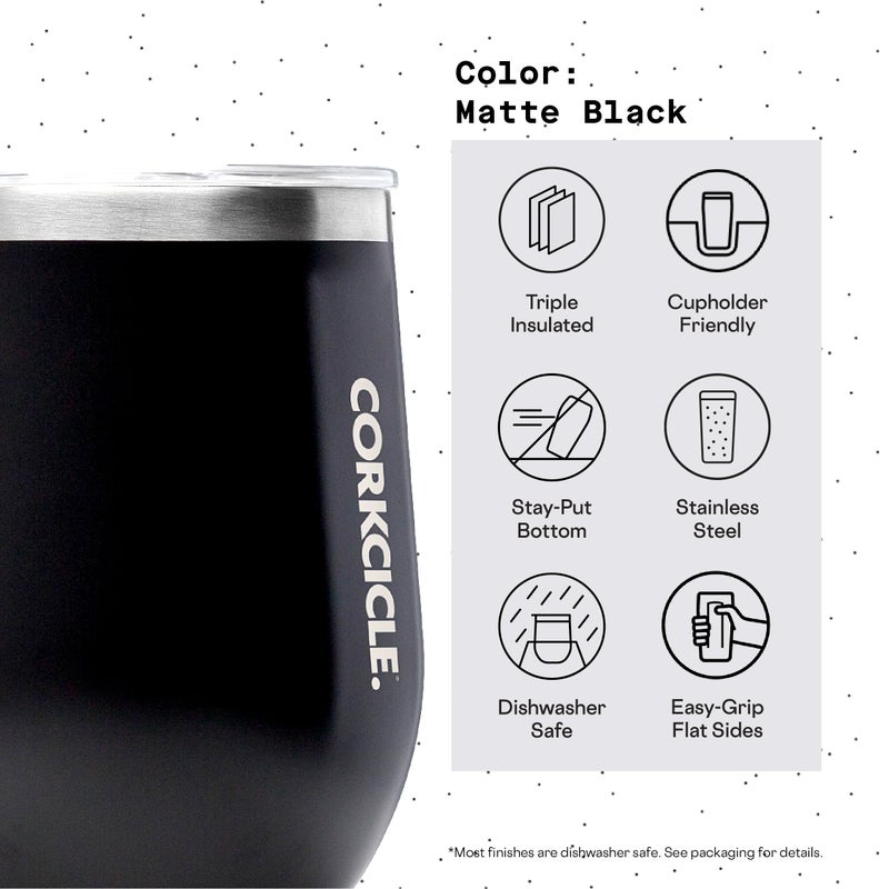 Corkcicle Stemless Insulated Wine Glass Tumbler  Matte Black  12 oz - Stainless Steel Stemless Wine Glass Keeps Beverages Cold for 6 Hours  Hot for 3 Hours - Non-Slip  Easy-Grip Insulated Cup - Image 4