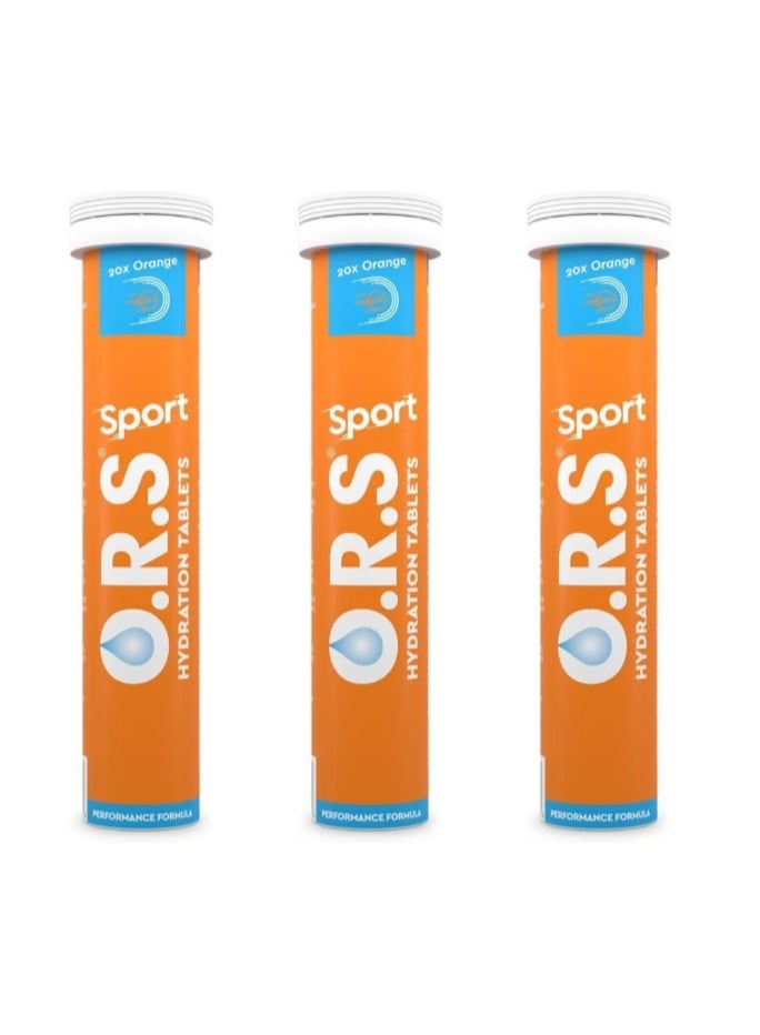 O.R.S Sport Hydration Tablets with Electrolytes – Natural Orange Flavour, 20 Tablets, 3-Pack for Rapid Rehydration