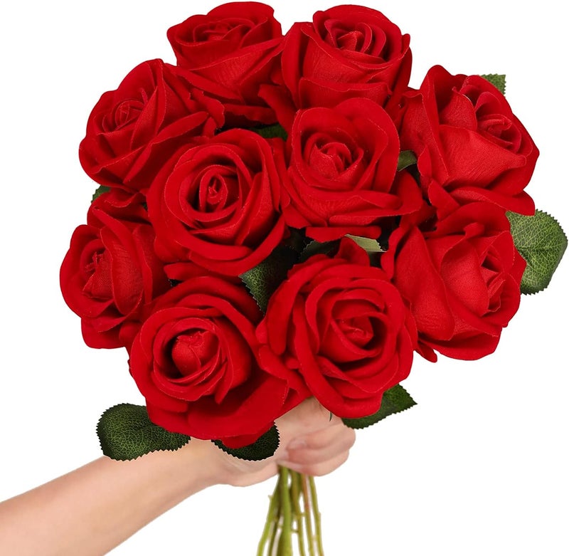 Luyue 10 Pack Artificial Velvet Roses Fake Red Rose Silk Flowers with Stem Floral Gift for Wedding Arrangement Party Home Decor-Red - Image 1