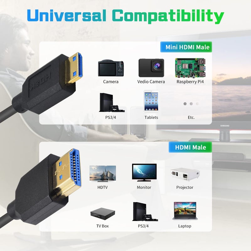 دوتك كابل 8K 48Gbps فائق النحافة من HDMI ذكر إلى Mini HDMI ذكر، إصدار 2.1 للكاميرات وكاميرات DSLR وكاميرات الفيديو من 1 قدم إلى 4 أقدام - Image 4