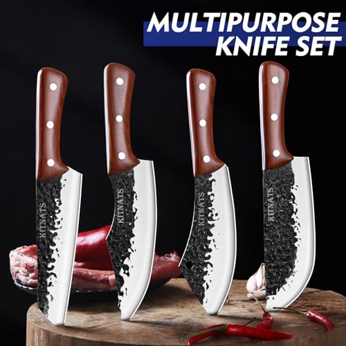 KITNATS 4PCS Hand Forged Butcher Knife Set - Kiritsuke Knives, Meat Cleaver Knife, Boning Knives, Butcher Knives, High Carbon Steel Meat Cutting Knives for Home Kitchen & Outdoor… - Image 4