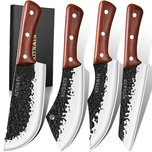 KITNATS 4PCS Hand Forged Butcher Knife Set - Kiritsuke Knives, Meat Cleaver Knife, Boning Knives, Butcher Knives, High Carbon Steel Meat Cutting Knives for Home Kitchen & Outdoor… - Image 1