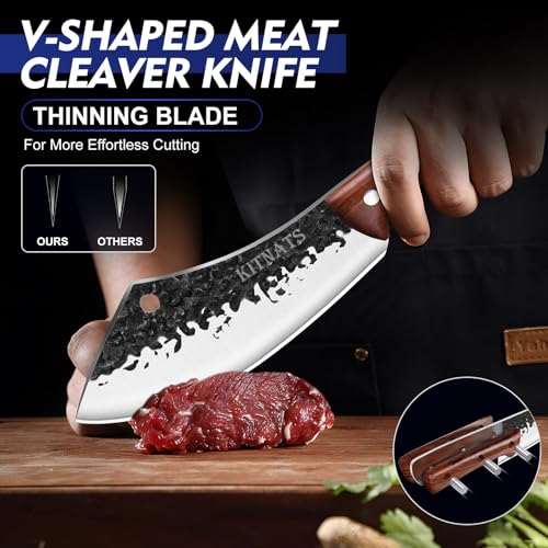 KITNATS 4PCS Hand Forged Butcher Knife Set - Kiritsuke Knives, Meat Cleaver Knife, Boning Knives, Butcher Knives, High Carbon Steel Meat Cutting Knives for Home Kitchen & Outdoor… - Image 3