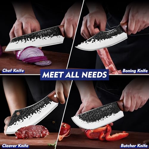 KITNATS 4PCS Hand Forged Butcher Knife Set - Kiritsuke Knives, Meat Cleaver Knife, Boning Knives, Butcher Knives, High Carbon Steel Meat Cutting Knives for Home Kitchen & Outdoor… - Image 5
