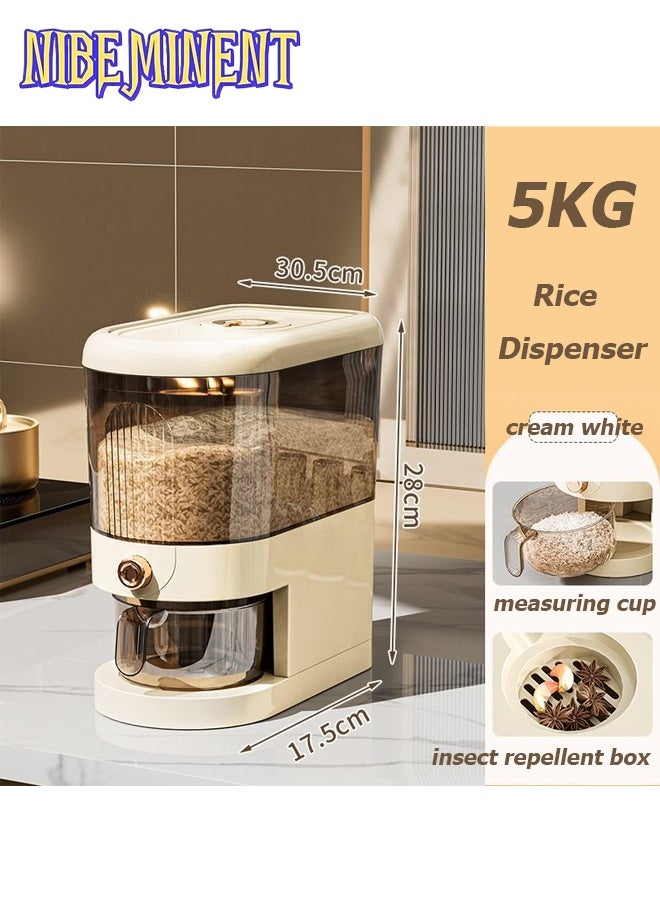 NIBEMINENT 5KG Rice Storage Bucket, Rice Dispenser, Large Grain Container Storage with Precision Measuring Cup, Cereal Dispenser Bucket for Kitchen Soybean Corn (Cream White) - Image 1