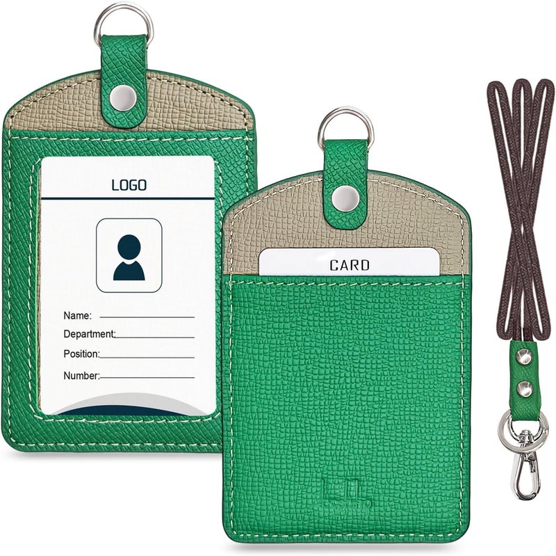 boshiho Vertical Style Leather ID Card Badge Holder (Black with Stretch Lanyard) - Image 1