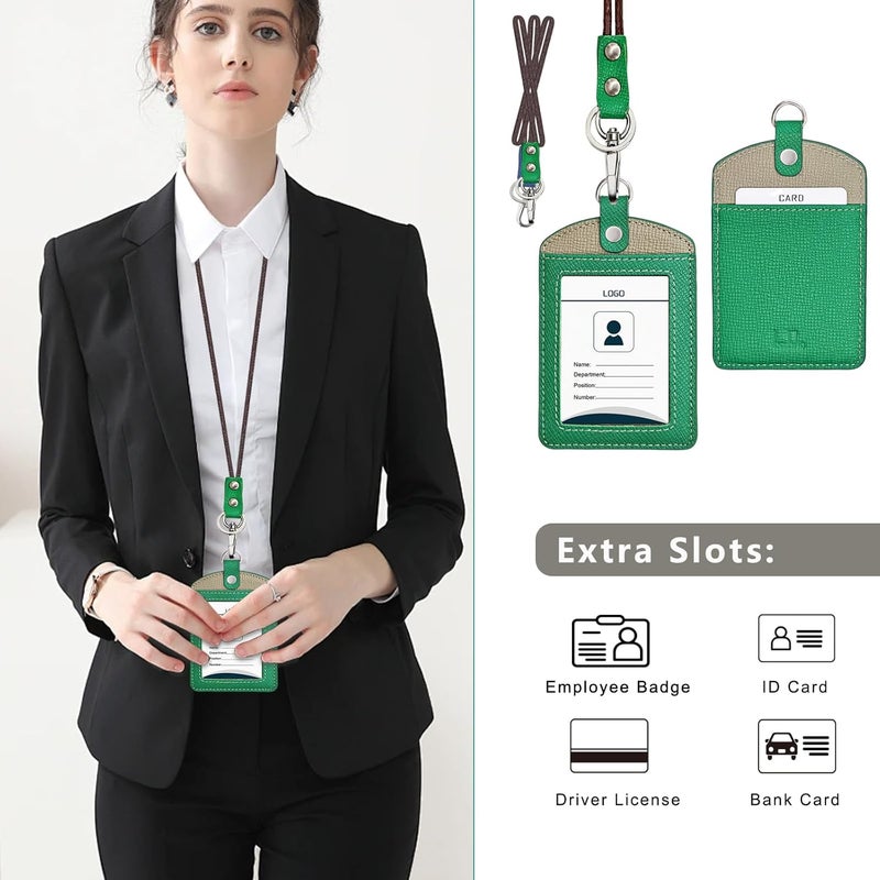 boshiho Vertical Style Leather ID Card Badge Holder (Black with Stretch Lanyard) - Image 3