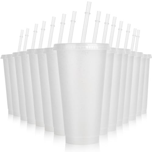 Hxezoc 16 Pieces Reusable Cups with Lids and Straws 24 oz Glitter Plastic Tumbler Iced Coffee Cups Travel Mug Cup for Birthday Party Smoothie Juices Beach Party Bachelor Party Clear - Image 1