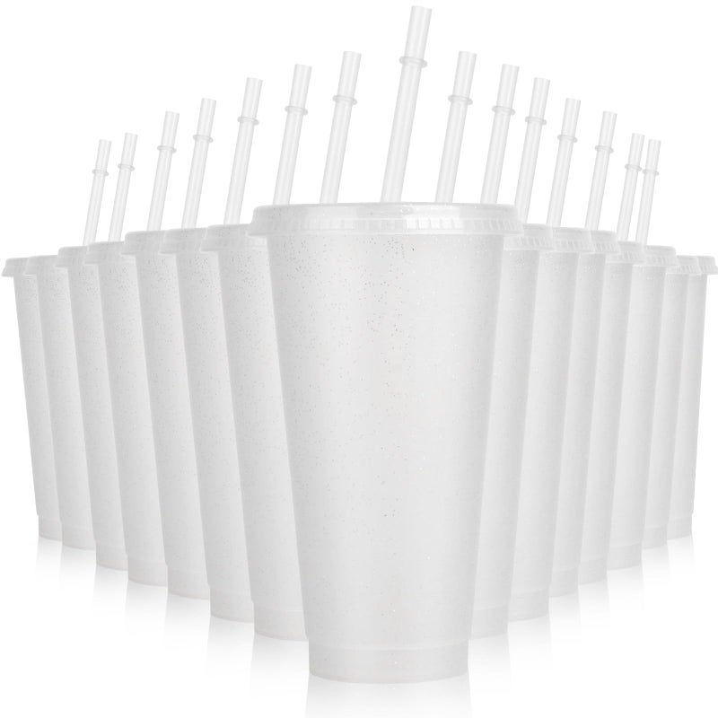 Hxezoc 16 Pieces Reusable Cups with Lids and Straws 24 oz Glitter Plastic Tumbler Iced Coffee Cups Travel Mug Cup for Birthday Party Smoothie Juices Beach Party Bachelor Party Clear - Image 2