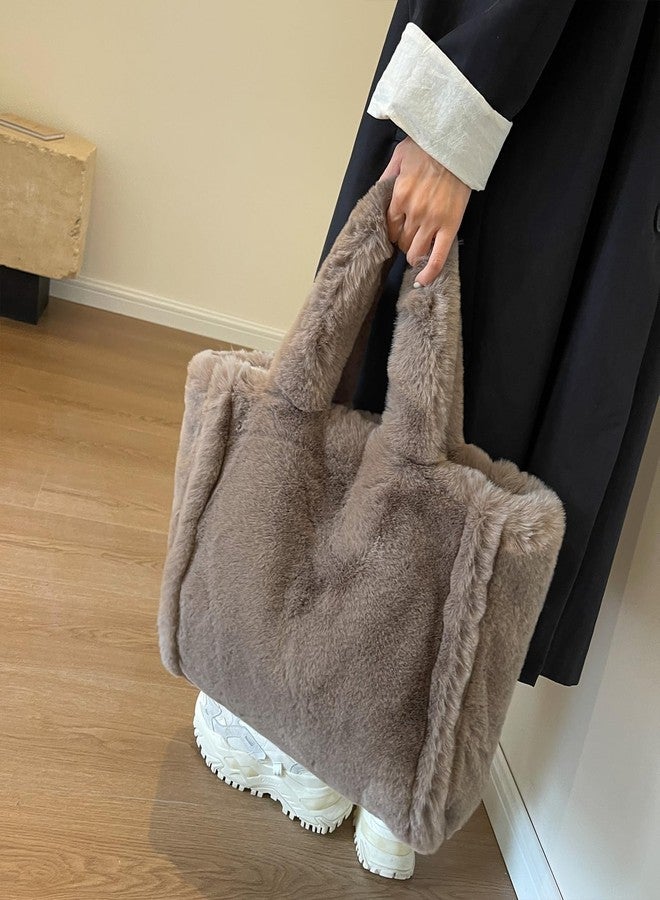 Extolove Fluffy Tote Bag Large Fur Purses for Women Winter Fuzzy Totes Furry Shoulder Handbag Plush Bags (A Brown) - Image 3