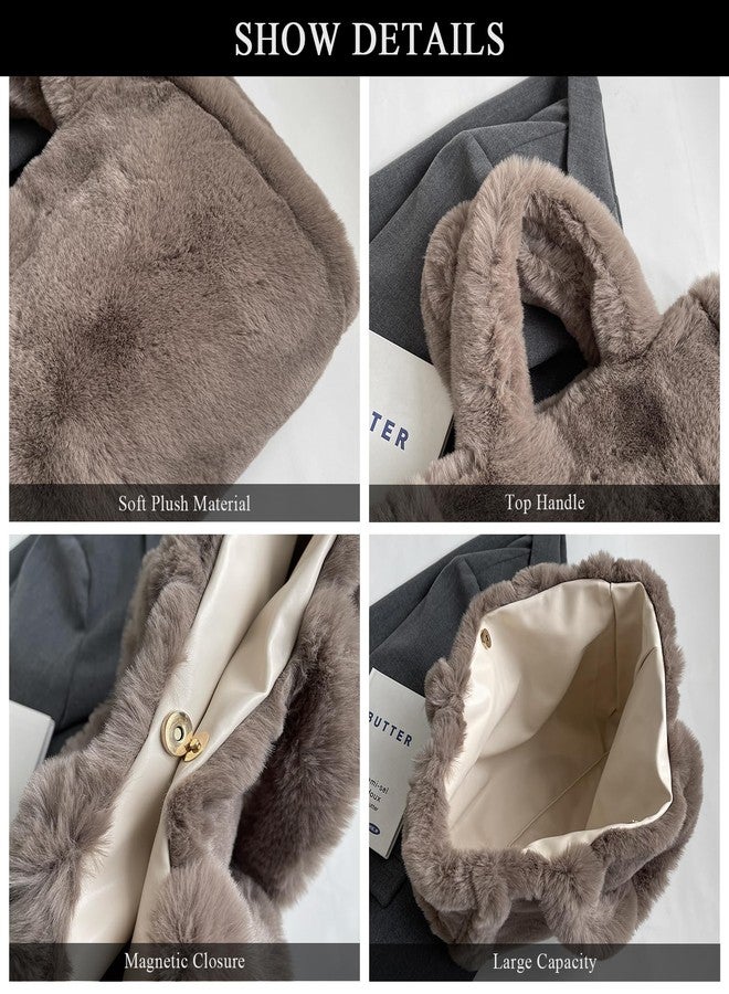 Extolove Fluffy Tote Bag Large Fur Purses for Women Winter Fuzzy Totes Furry Shoulder Handbag Plush Bags (A Brown) - Image 5
