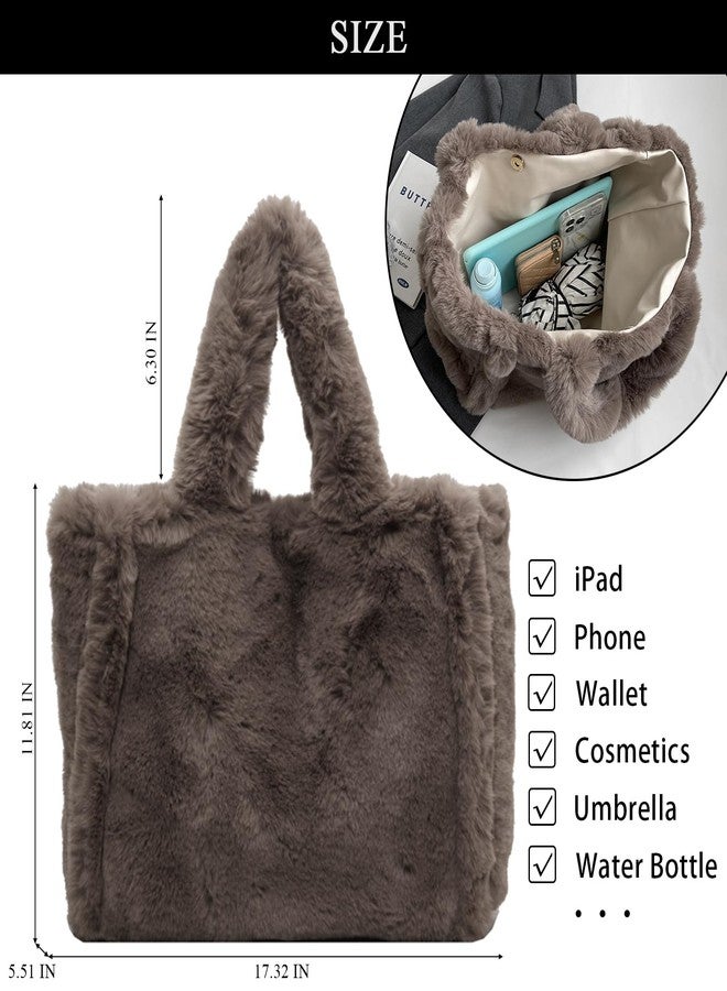 Extolove Fluffy Tote Bag Large Fur Purses for Women Winter Fuzzy Totes Furry Shoulder Handbag Plush Bags (A Brown) - Image 4