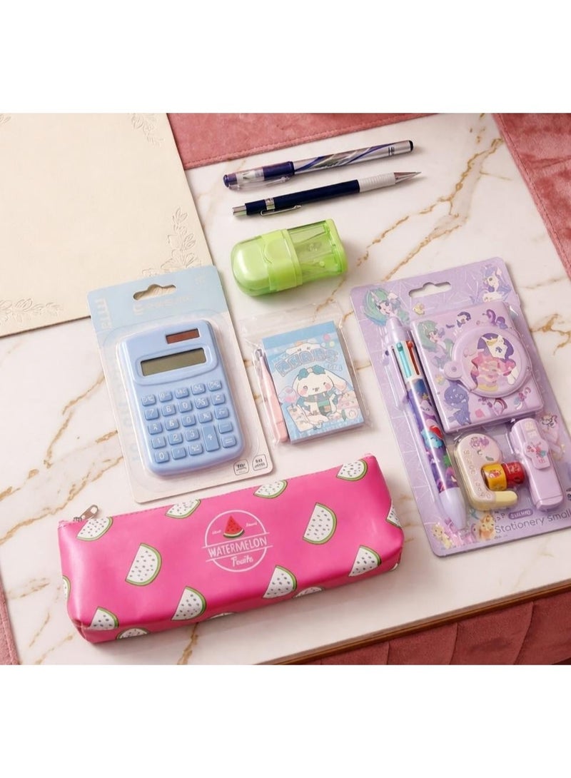 A set of school tools (calculator, pencil case, geometric tools, notebook, 3-color highlighter, corrector, pen, pencil) - Image 1
