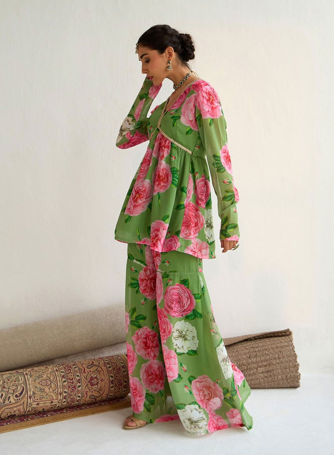 SASSAFRAS Floral Printed Peplum Top and Flared Sharara Co-Ords - Image 3