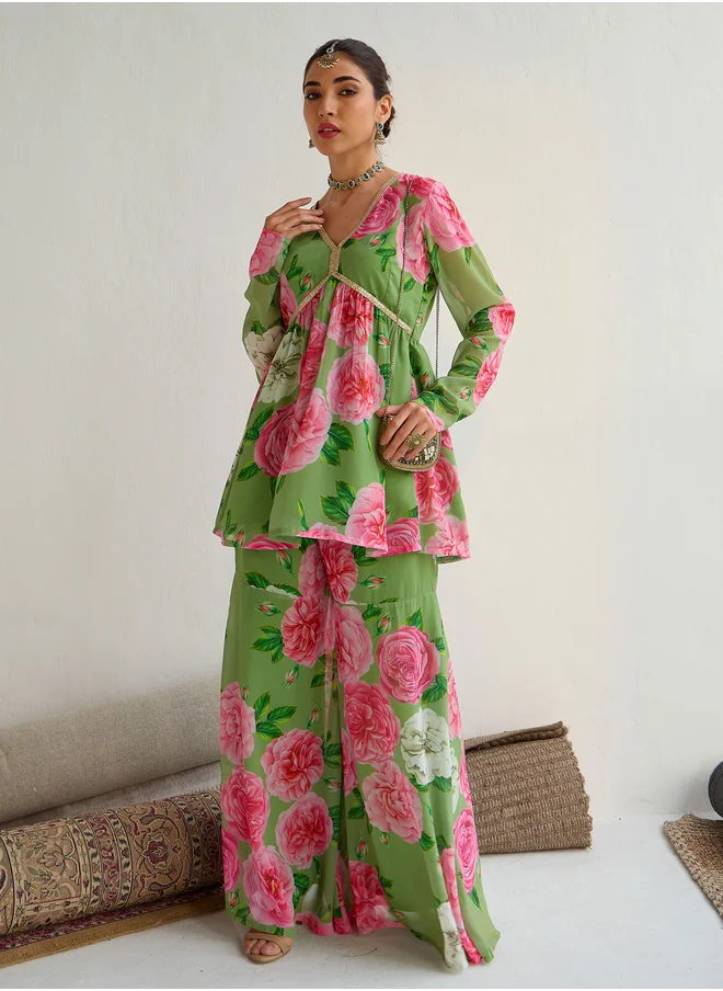 ساسافراس Floral Printed Peplum Top and Flared Sharara Co-Ords