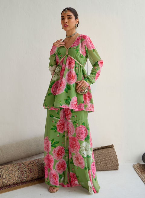 Floral Printed Peplum Top and Flared Sharara Co-Ords