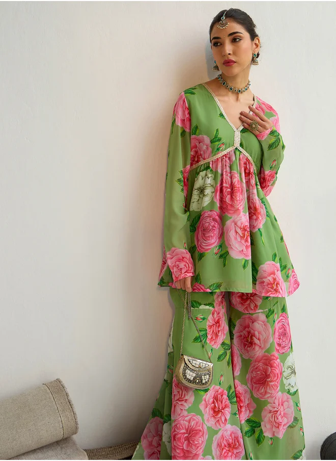 ساسافراس Floral Printed Peplum Top and Flared Sharara Co-Ords