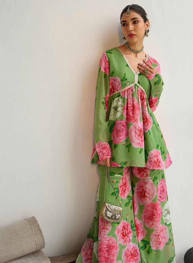 SASSAFRAS Floral Printed Peplum Top and Flared Sharara Co-Ords - Image 2