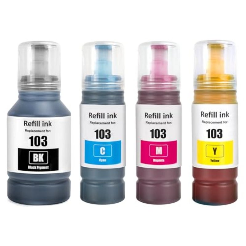 مجموعة حبر 103 متوافقة مع EcoTank المتوافقة مع مجموعة EPSON Combo Set 4 عبوات أسود سماوي وأرجواني أصفر لـ L1110 L3110 L3111 L3150 L3151 L3156 L3160 L5190 - Image 1