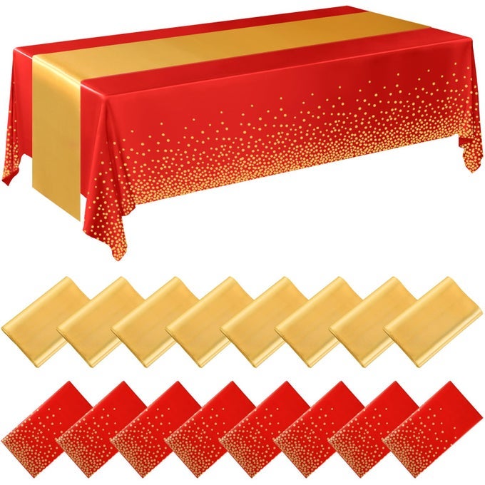 16 PCS RED AND GOLD DISPOSABLE PLASTIC TABLECLOTHS AND SATIN TABLE RUNNER SET 54X108 INCH TABLECLOTH 12X108 INCH TABLE RUNNERS FOR NEW YEAR WEDDING BIRTHDAY BABY SHOWER GRADUATION