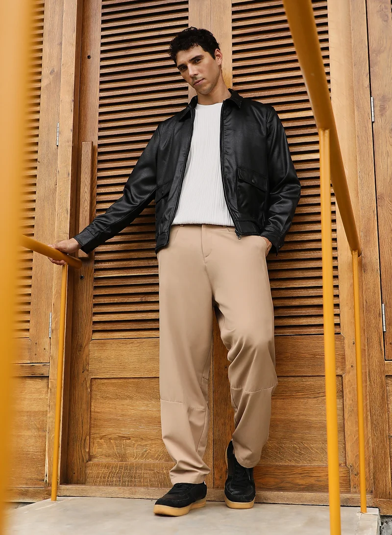 CAHOOT  Men Pleated Relaxed Trousers | Mid-Rise, Side-Elasticaed Stretch | Drawstring , Straight Hem | Solid Plain | Woven Fabric For Casual & Street Wear | Khaki Beige for Men | Best Price UAE