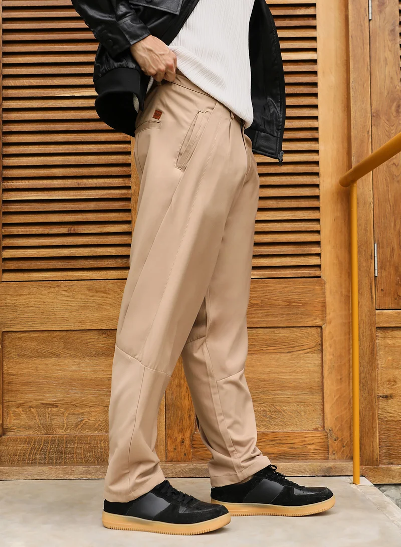 CAHOOT  Men Pleated Relaxed Trousers | Mid-Rise, Side-Elasticaed Stretch | Drawstring , Straight Hem | Solid Plain | Woven Fabric For Casual & Street Wear | Khaki Beige for Men | Best Price UAE